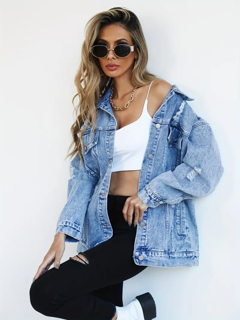 Oversized Denim Jas - Gescheurd - Los model - Denim Jas - Damesjas-Boetiek Moda