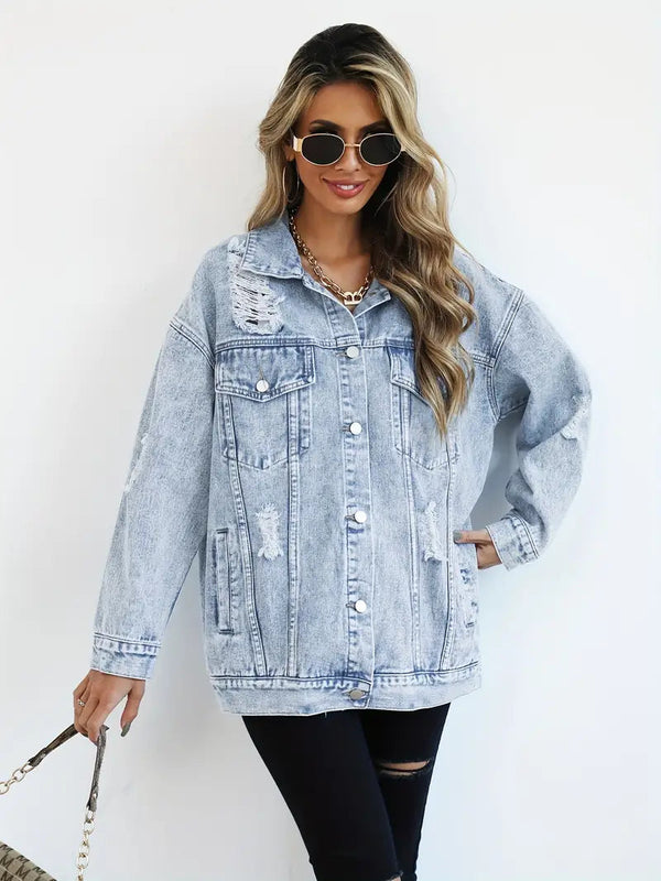 Oversized Denim Jas - Gescheurd - Los model - Denim Jas - Damesjas-Boetiek Moda