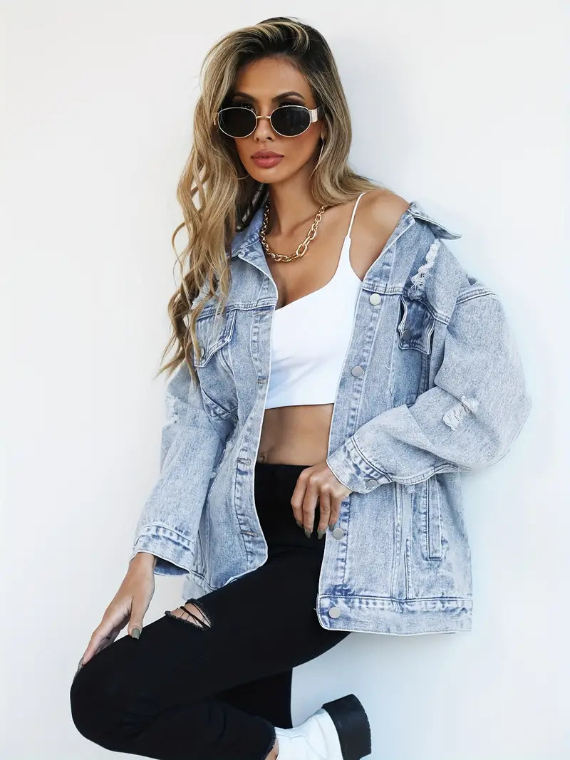 Oversized Denim Jas - Gescheurd - Los model - Denim Jas - Damesjas-Boetiek Moda