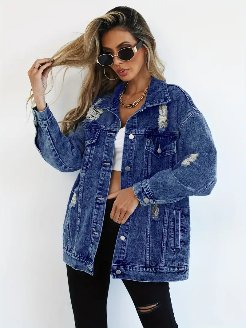 Oversized Denim Jas - Gescheurd - Los model - Denim Jas - Damesjas-Boetiek Moda