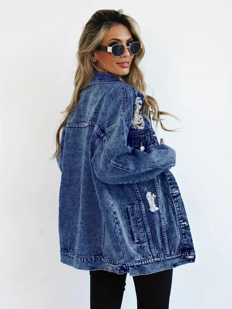 Oversized Denim Jas - Gescheurd - Los model - Denim Jas - Damesjas-Boetiek Moda