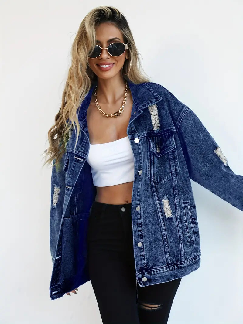 Oversized Denim Jas - Gescheurd - Los model - Denim Jas - Damesjas-Boetiek Moda