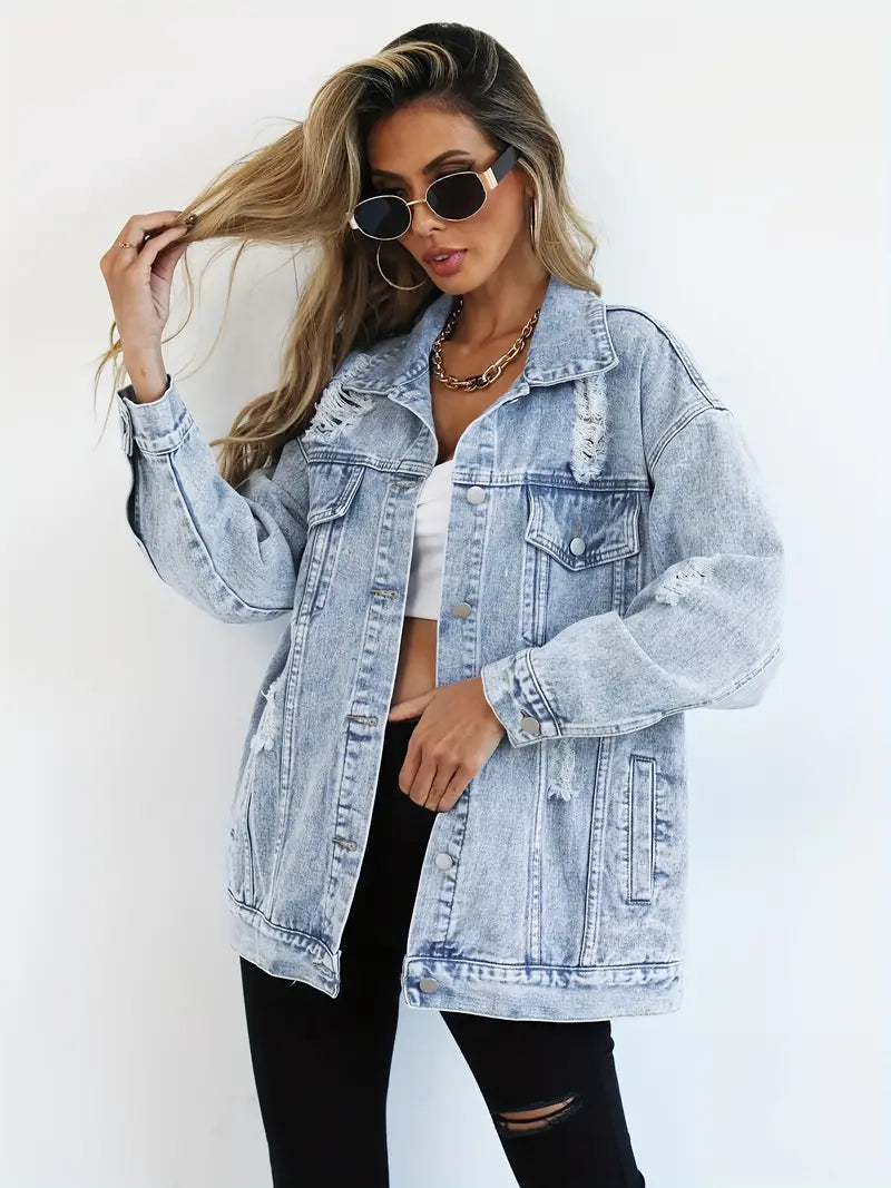 Oversized Denim Jas - Gescheurd - Los model - Denim Jas - Damesjas-Boetiek Moda