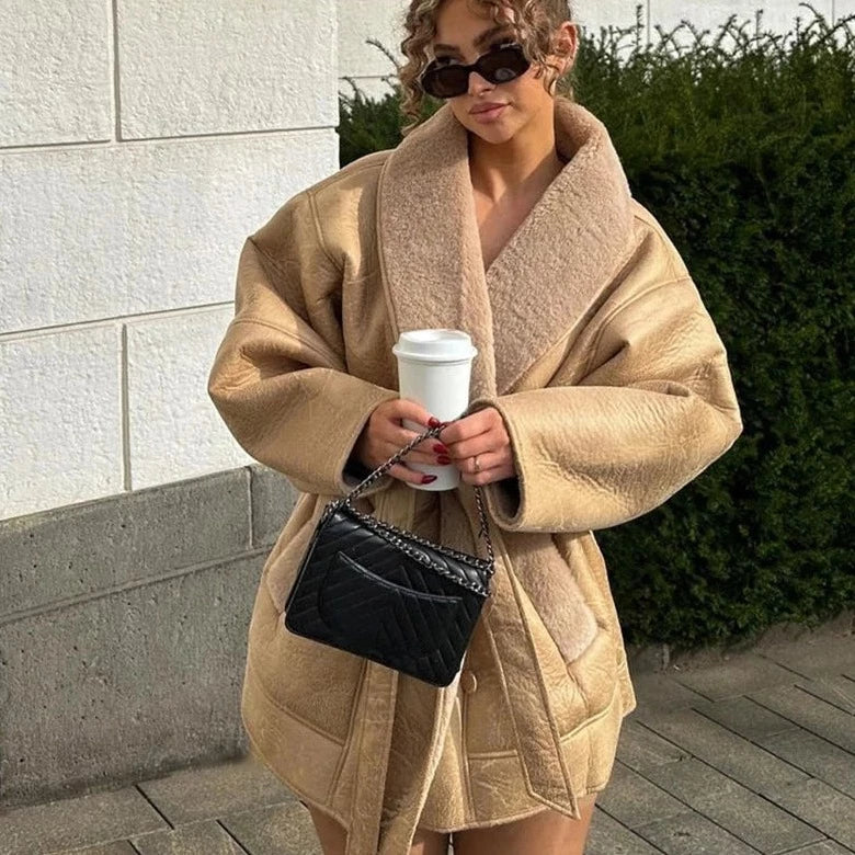 Oversized Jas - Met fleece gevoerd - Riem - Winterleren jas - Winterjas voor dames-Boetiek Moda