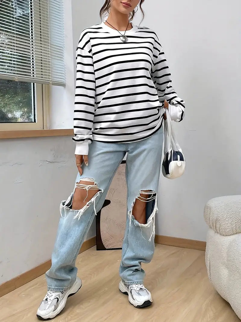 Oversized Sweatshirt - Gestreept - Ronde Hals - Oversized Pullover - Dameskleding-Boetiek Moda