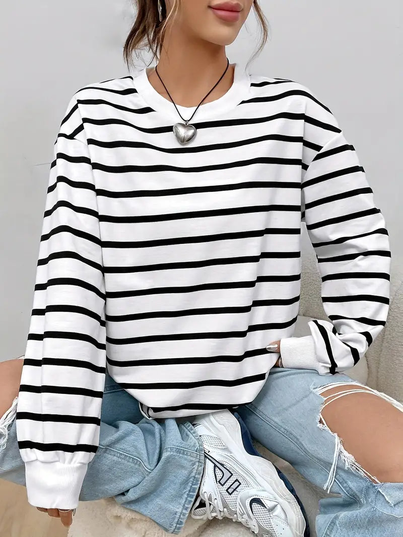 Oversized Sweatshirt - Lange Mouwen - Gestreept - Oversized Pullover - Damestrui-Boetiek Moda