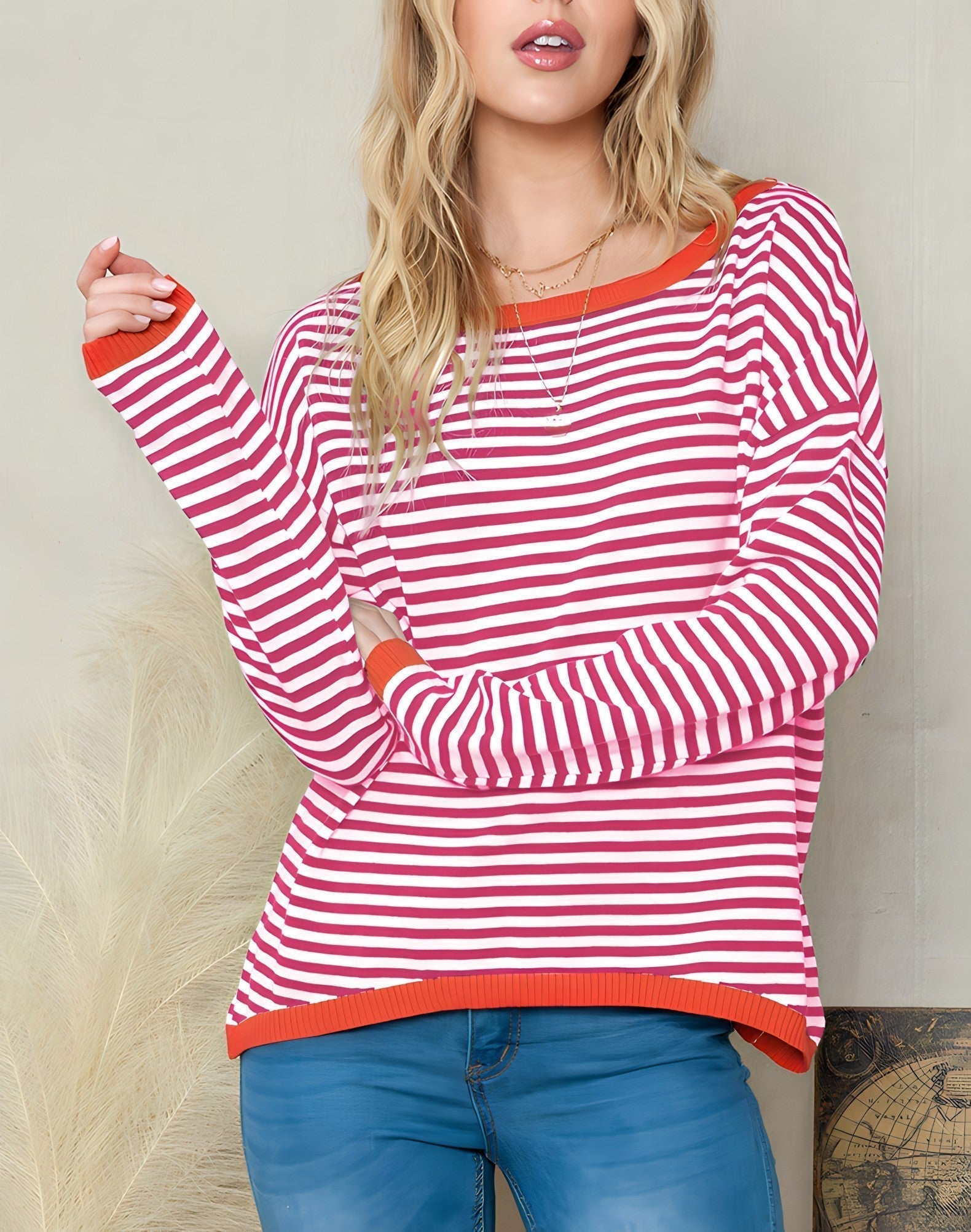 Oversized Trui - Lange Mouwen - Losjes Fit - Gestreepte Trui - Dameskleding-Boetiek Moda