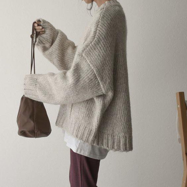 Oversized Trui - Lichtgrijze Loose Fit Grofgebreide Trui voor dames-Boetiek Moda