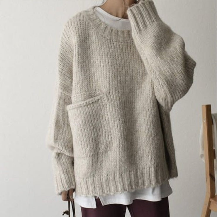 Oversized Trui - Lichtgrijze Loose Fit Grofgebreide Trui voor dames-Boetiek Moda