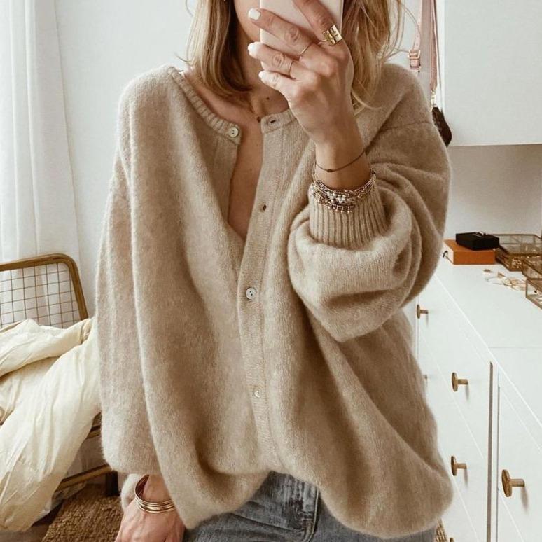 Oversized Vest | Button-Up | Beige | Gebreid Vest | Knitwear voor dames-Boetiek Moda
