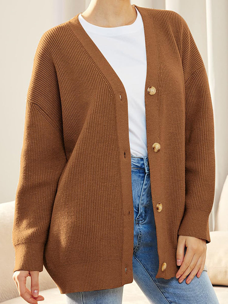 Oversized Vest - Gebreid Damesvest met Knoopsluiting en V-hals-Boetiek Moda
