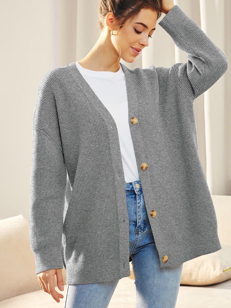 Oversized Vest - Gebreid Damesvest met Knoopsluiting en V-hals-Boetiek Moda