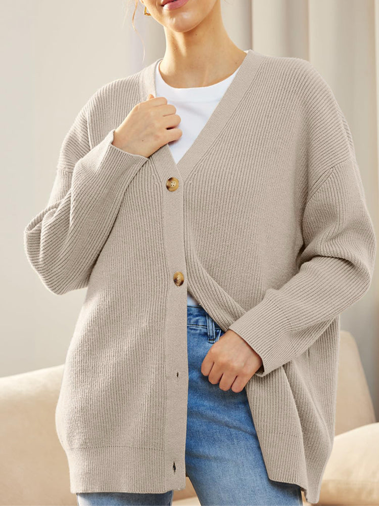 Oversized Vest - Gebreid Damesvest met Knoopsluiting en V-hals-Boetiek Moda