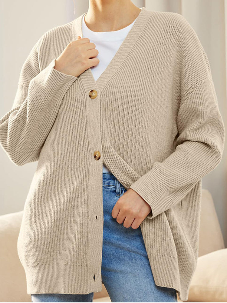 Oversized Vest - Gebreid Damesvest met Knoopsluiting en V-hals-Boetiek Moda
