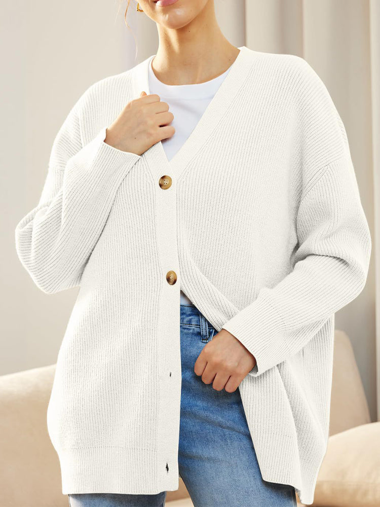 Oversized Vest - Gebreid Damesvest met Knoopsluiting en V-hals-Boetiek Moda