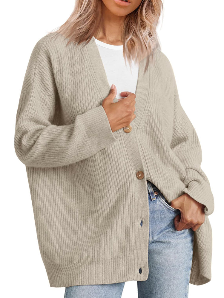 Oversized Vest - Gebreid Damesvest met Knoopsluiting en V-hals-Boetiek Moda