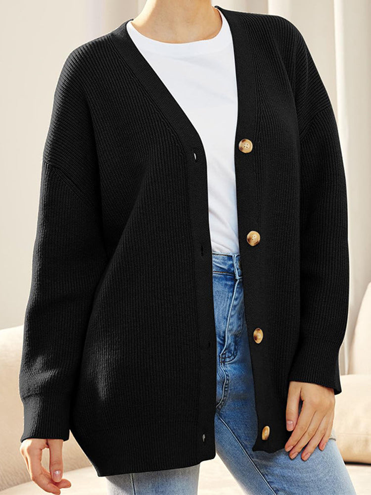 Oversized Vest - Gebreid Damesvest met Knoopsluiting en V-hals-Boetiek Moda