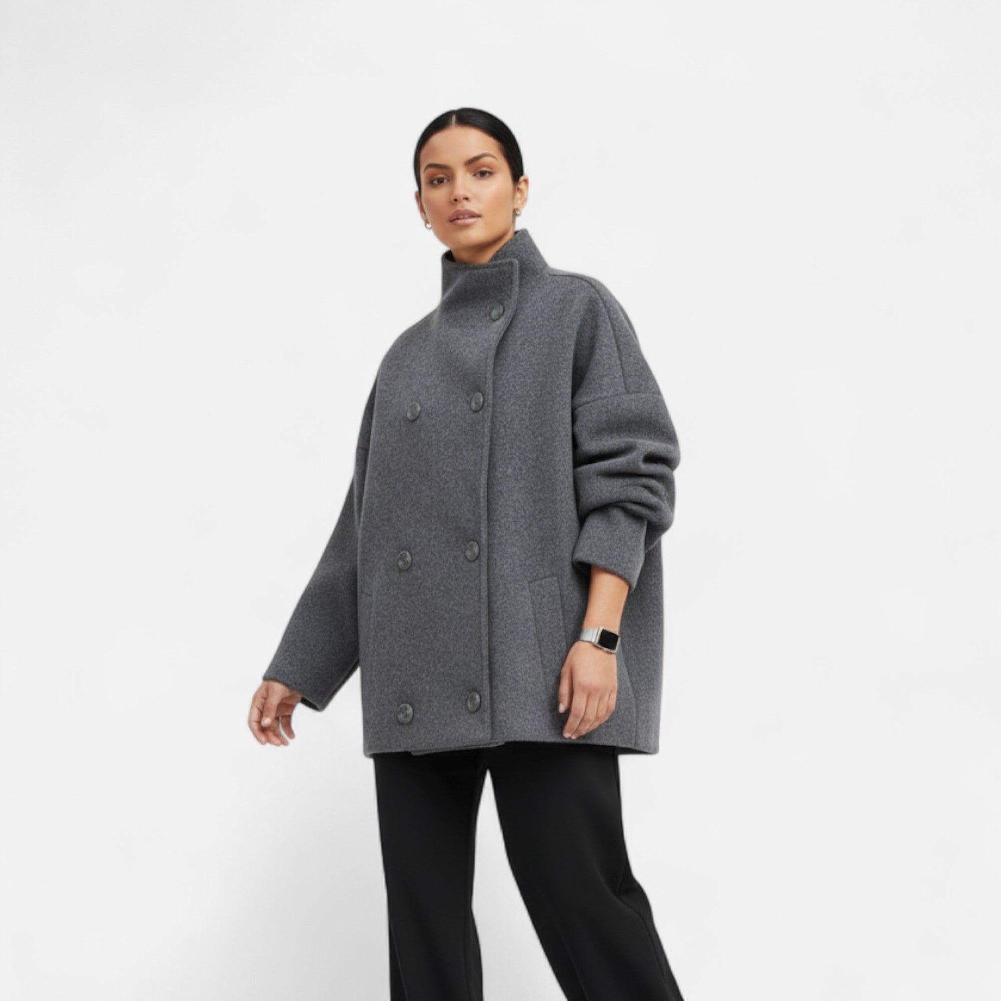 Oversized jas - Dames jas met dubbele knoopsluiting en korte trenchcoat-Boetiek Moda