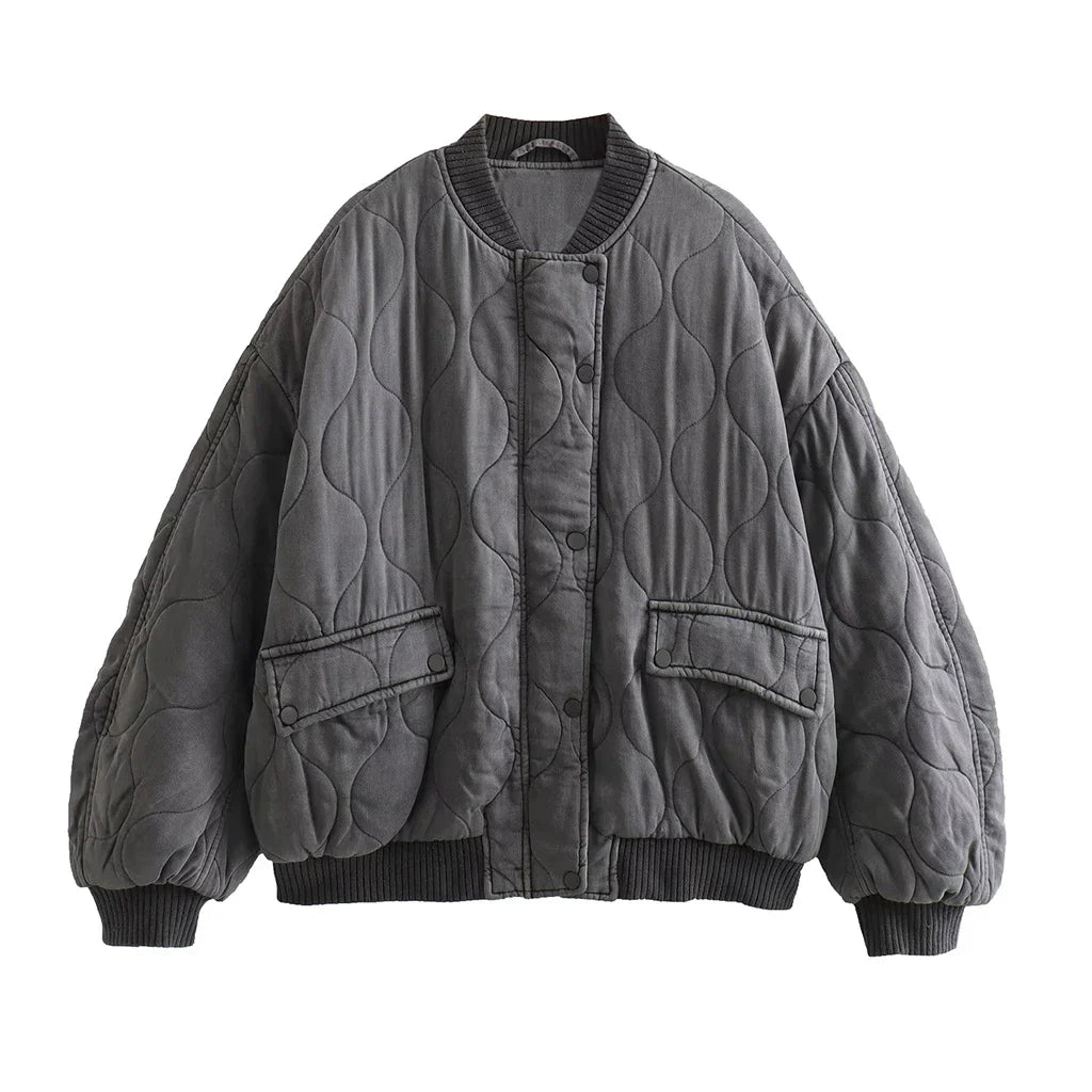 Oversized jas - Grijs - Gewatteerd - Bomberjack - Damesjas-Boetiek Moda