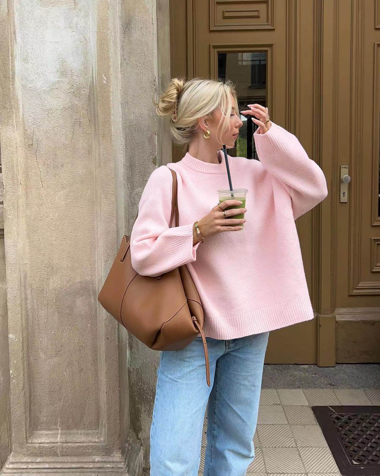 Oversized trui - Roze - Ronde hals - Oversized pullover - Damesbreigoed-Boetiek Moda