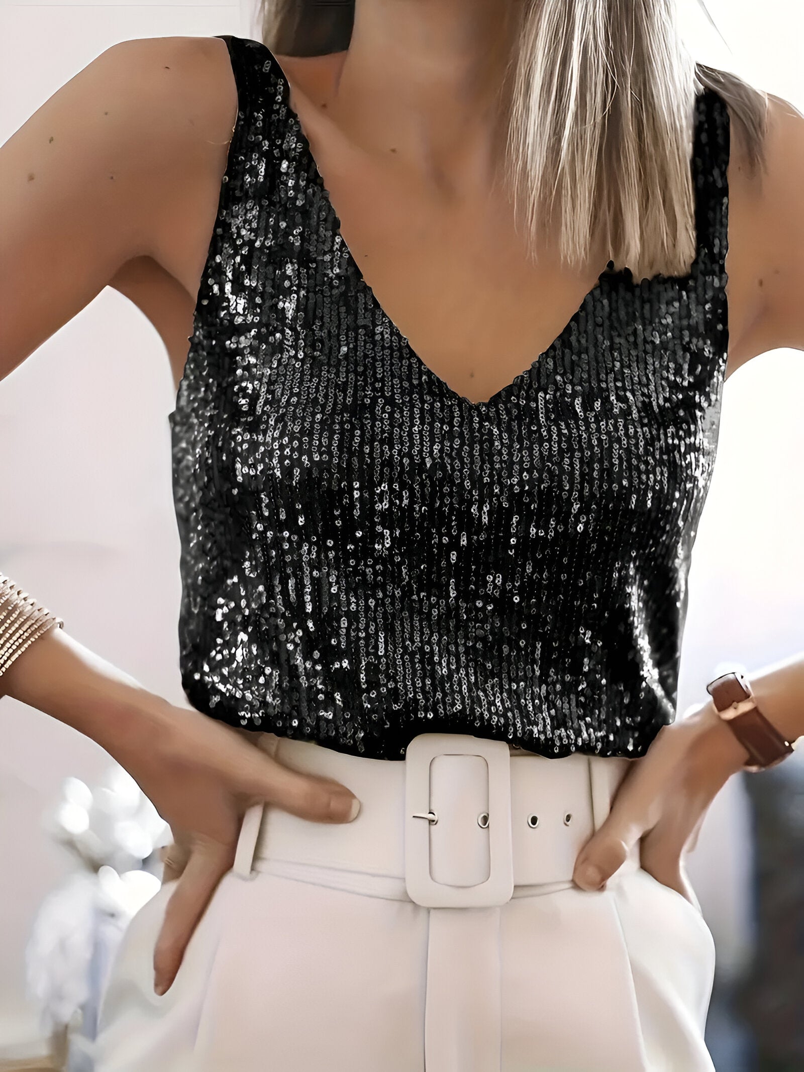 Pailletten Top - Dames Mouwloze V-Hals Glitter Party Top-Boetiek Moda
