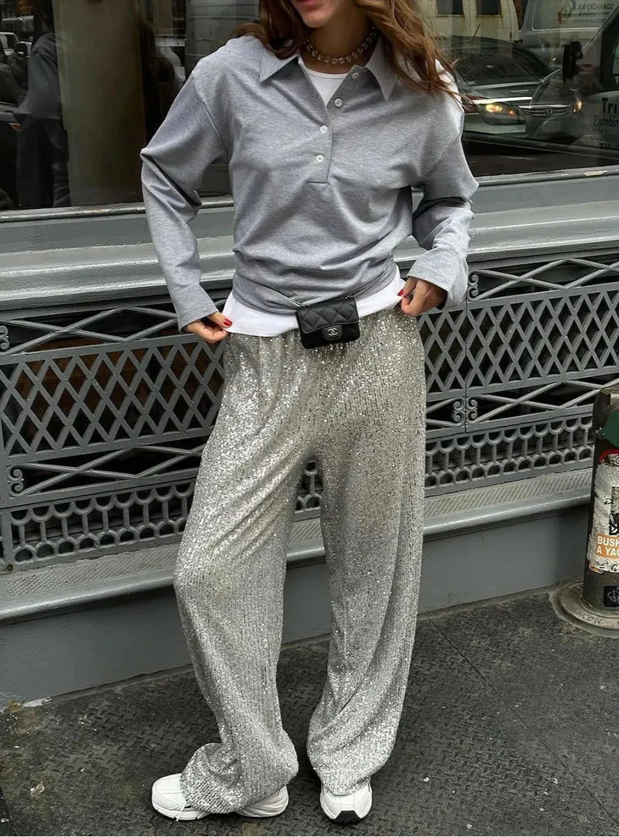 Paillettenbroek - Glitter - Brede pijpen - Damesbroek met pailletten-Boetiek Moda