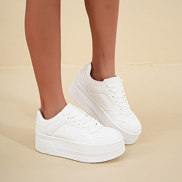 Plateau Sneakers - Dikke Zool - Veterschoenen - Witte Sneakers - Damesschoenen-Boetiek Moda