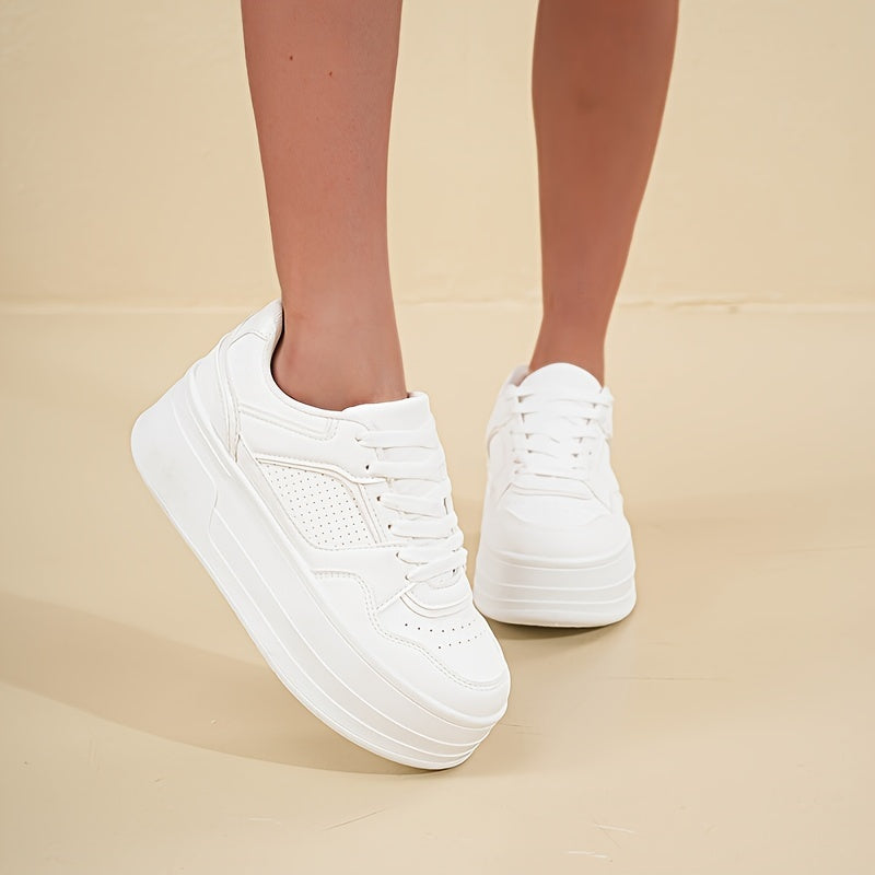 Plateau Sneakers - Dikke Zool - Veterschoenen - Witte Sneakers - Damesschoenen-Boetiek Moda