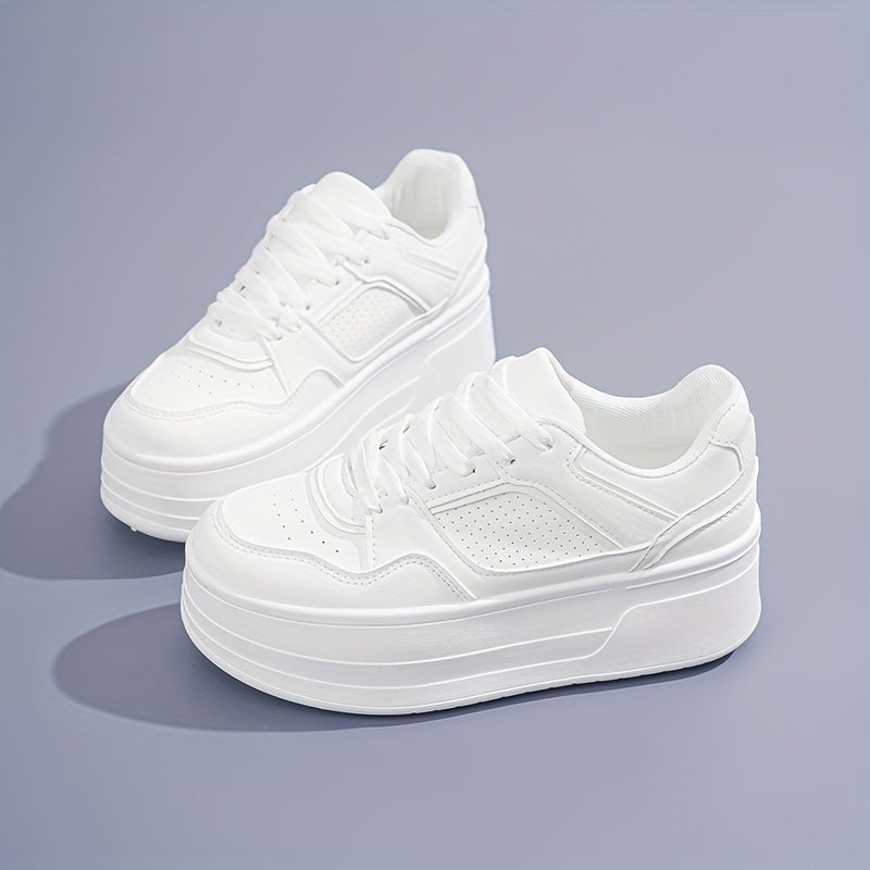 Plateau Sneakers - Dikke Zool - Veterschoenen - Witte Sneakers - Damesschoenen-Boetiek Moda