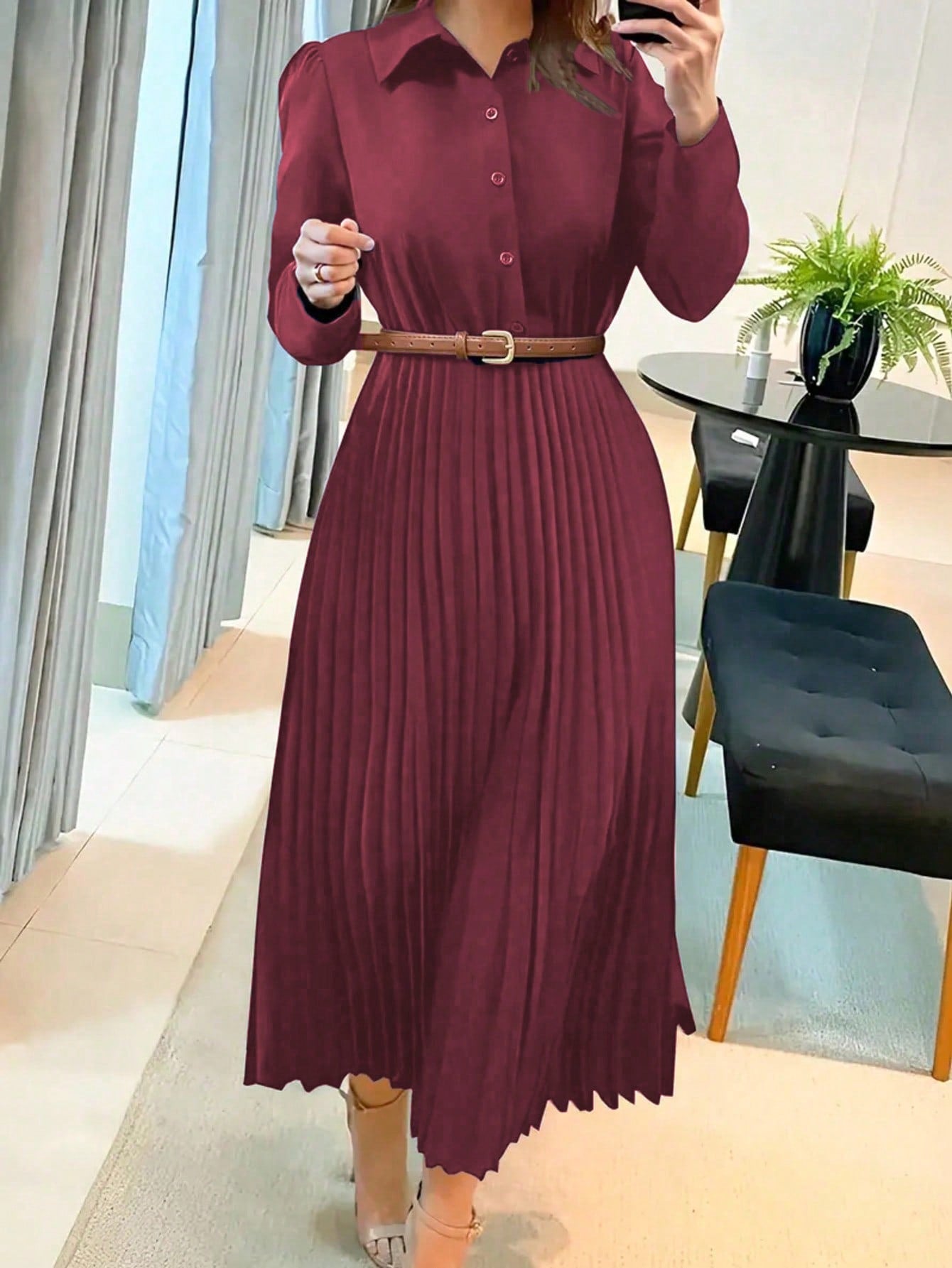 Plooirok - Kraag - Riem - Jurk met lange mouwen - Midi-jurk-Boetiek Moda