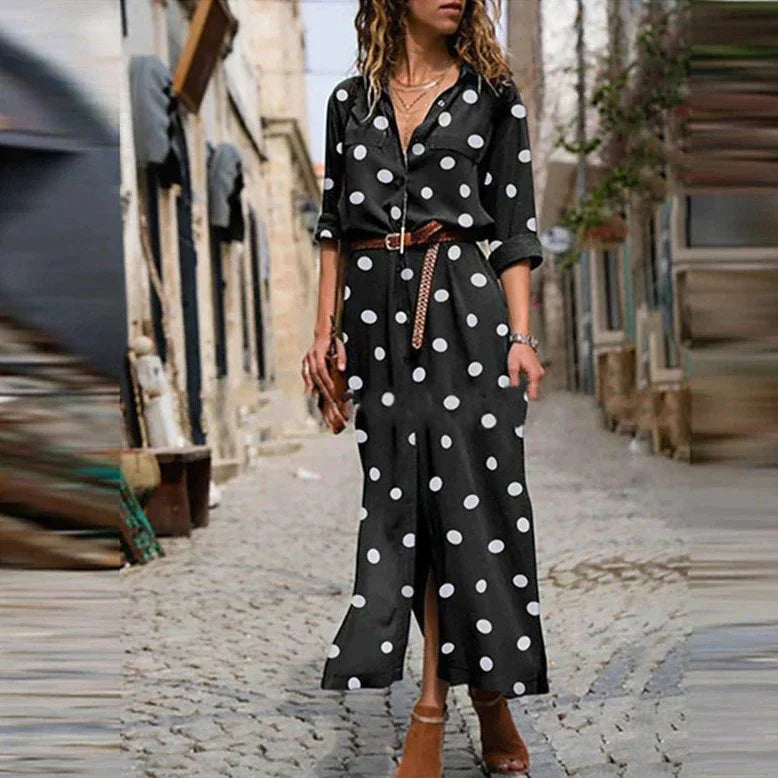 Polkadotjurk | Lange mouwen | Knoopsluiting | Maxi-overhemdjurk | Maxi-zomerjurk-Boetiek Moda