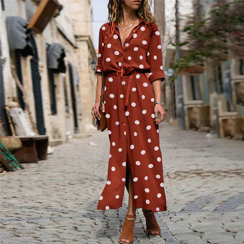 Polkadotjurk | Lange mouwen | Knoopsluiting | Maxi-overhemdjurk | Maxi-zomerjurk-Boetiek Moda