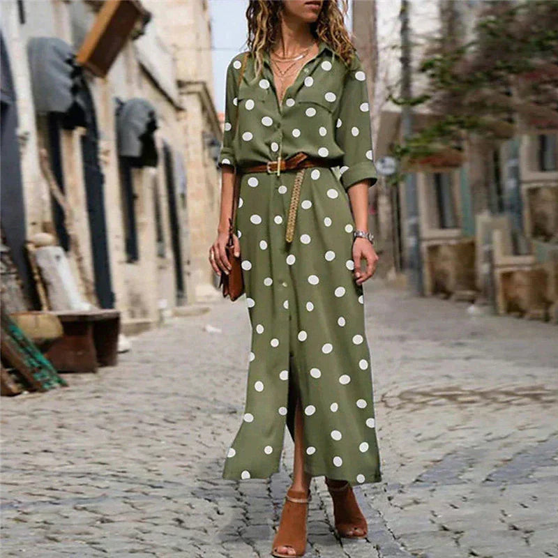 Polkadotjurk | Lange mouwen | Knoopsluiting | Maxi-overhemdjurk | Maxi-zomerjurk-Boetiek Moda