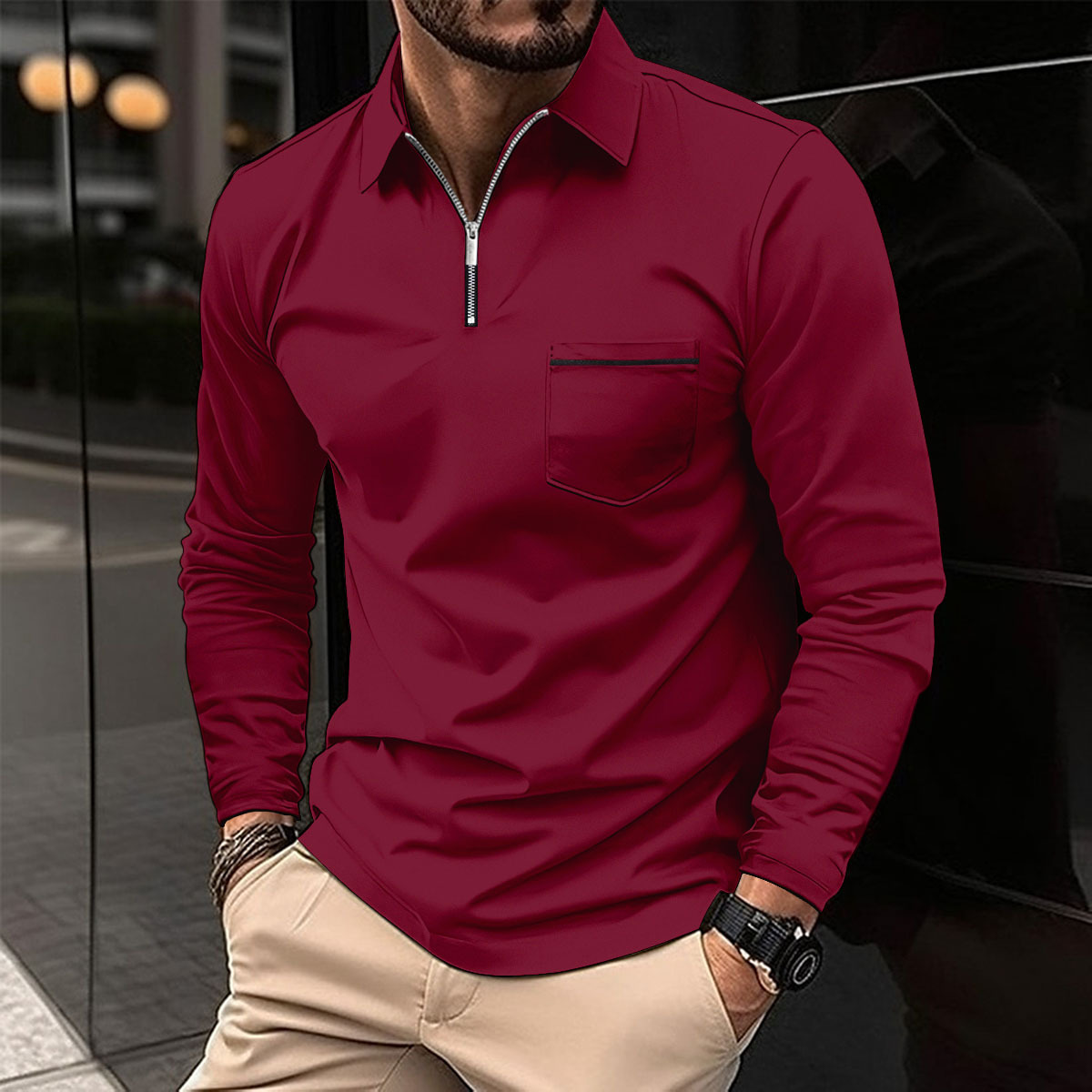 Polo met lange mouwen - Polo met kraag en kwartritssluiting voor heren-Boetiek Moda