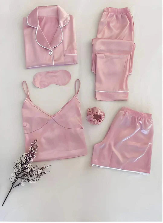 Pyjamaset | 6-delig | Elastische Taille | Satijnen Pyjama | Vrouwenslaapmode-Boetiek Moda