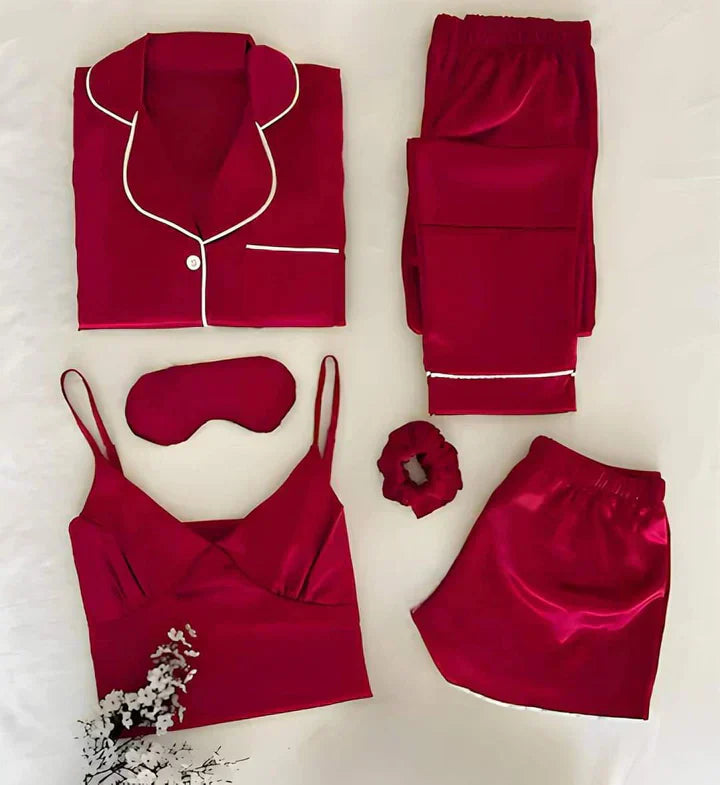 Pyjamaset | 6-delig | Elastische Taille | Satijnen Pyjama | Vrouwenslaapmode-Boetiek Moda