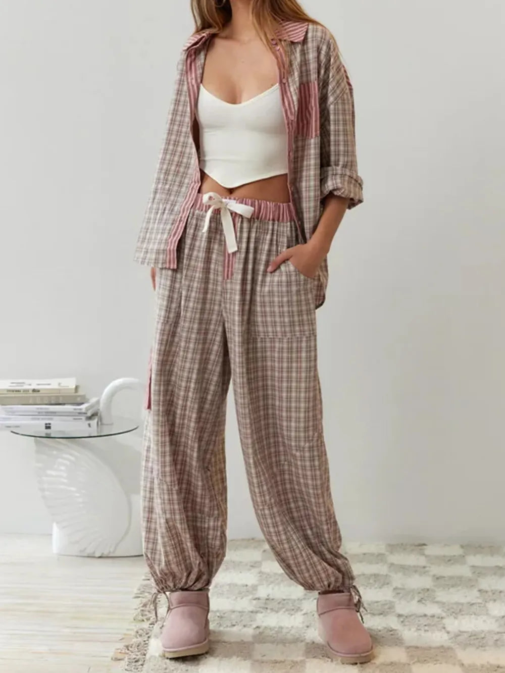 Pyjamaset - Dames pyjamaset met lange mouwen van katoen met ruitjesmotief-Boetiek Moda