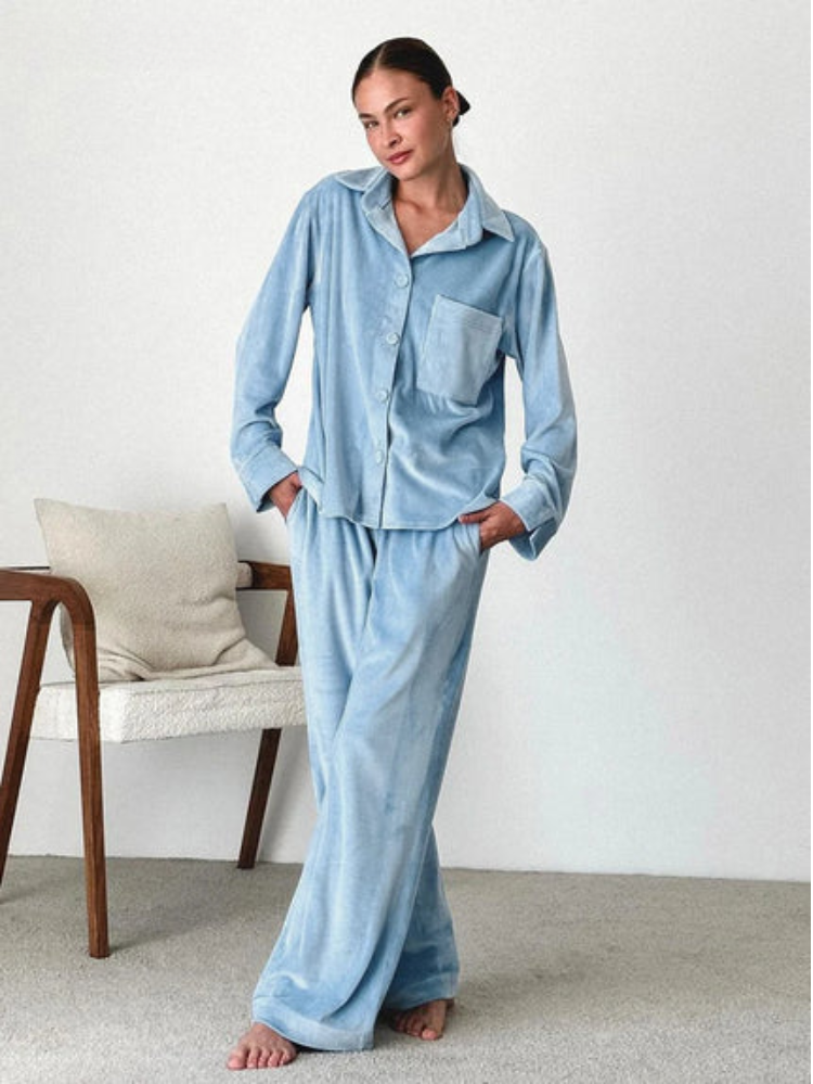 Pyjamaset - Warme blauwe fleece pyjama met lange mouwen voor dames-Boetiek Moda