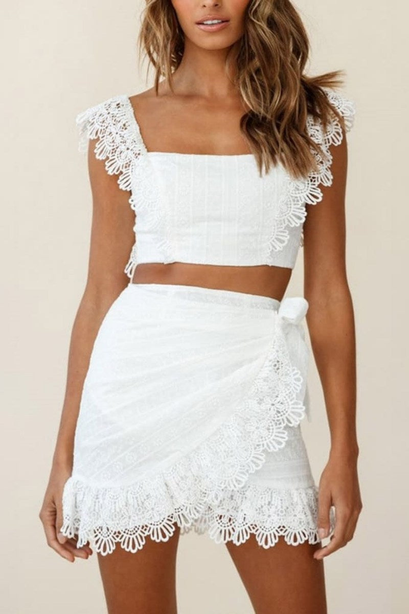 Rok en Top Set | Wit | Kant | Zomer Tweedelige Sets | Coord Set Vrouwen-Boetiek Moda