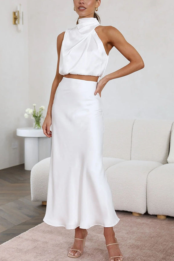 Rok en top set | Hoge hals | Maxi rok | Satijnen set | Dames tweedelige set-Boetiek Moda