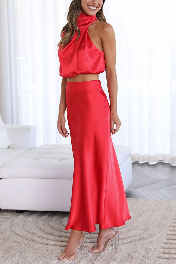 Rok en top set | Hoge hals | Maxi rok | Satijnen set | Dames tweedelige set-Boetiek Moda