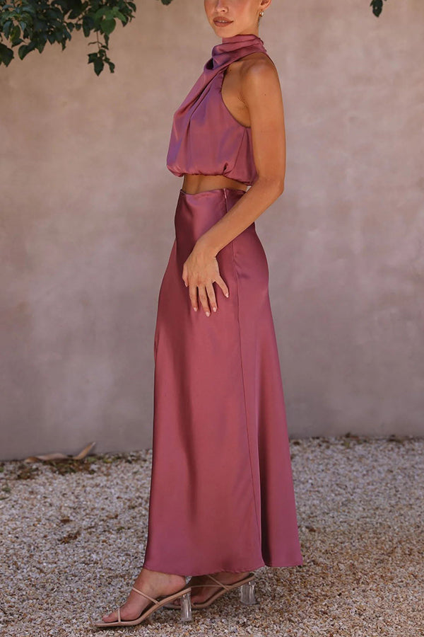 Rok en top set | Hoge hals | Maxi rok | Satijnen set | Dames tweedelige set-Boetiek Moda