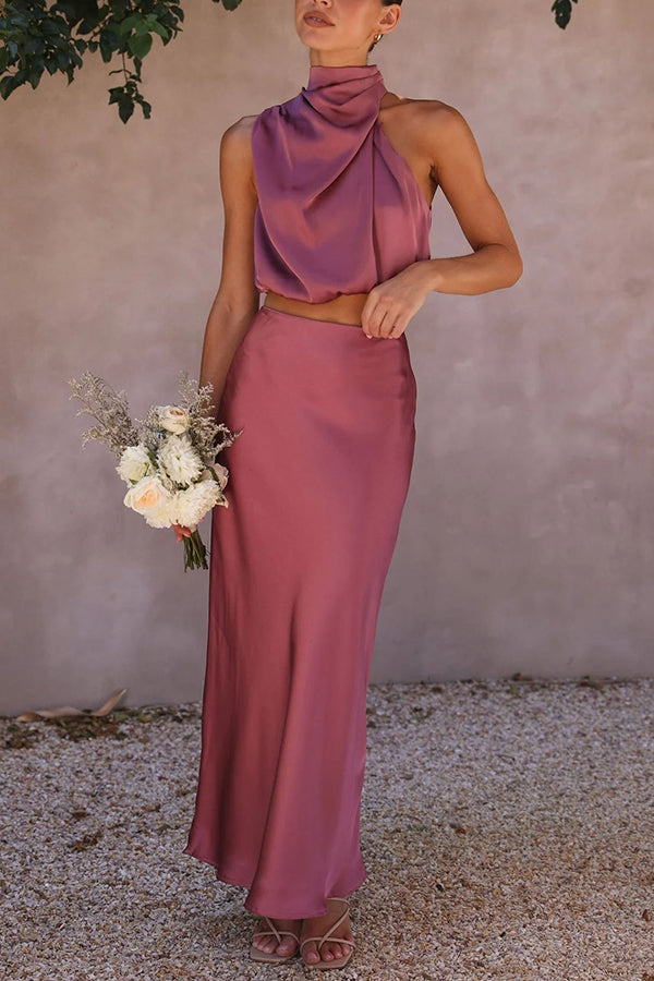 Rok en top set | Hoge hals | Maxi rok | Satijnen set | Dames tweedelige set-Boetiek Moda