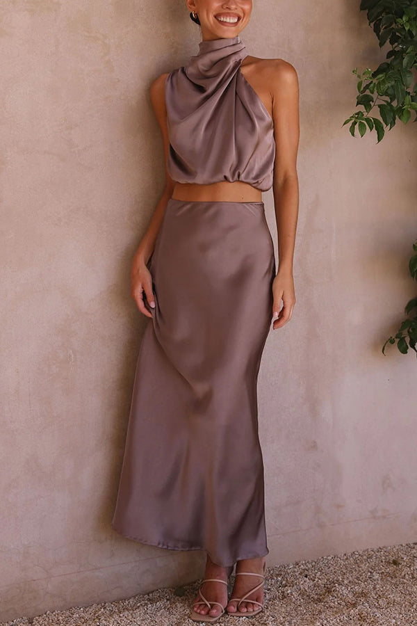 Rok en top set | Hoge hals | Maxi rok | Satijnen set | Dames tweedelige set-Boetiek Moda