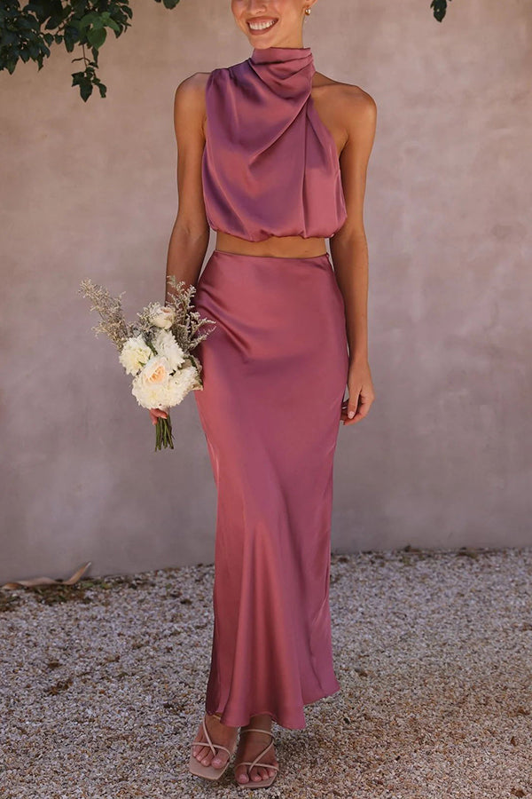 Rok en top set | Hoge hals | Maxi rok | Satijnen set | Dames tweedelige set-Boetiek Moda