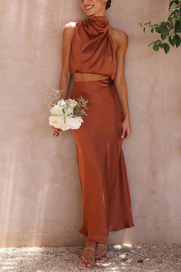 Rok en top set | Hoge hals | Maxi rok | Satijnen set | Dames tweedelige set-Boetiek Moda