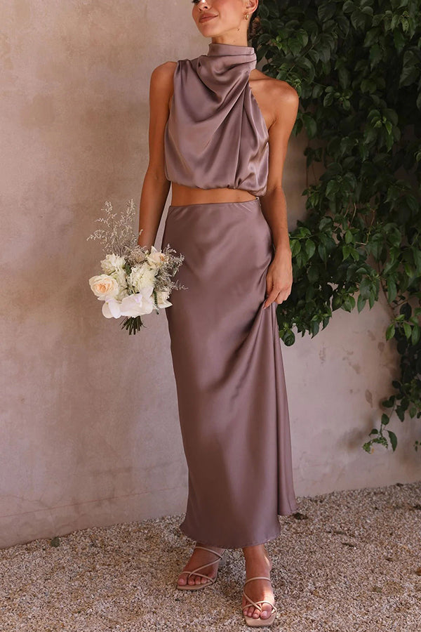 Rok en top set | Hoge hals | Maxi rok | Satijnen set | Dames tweedelige set-Boetiek Moda