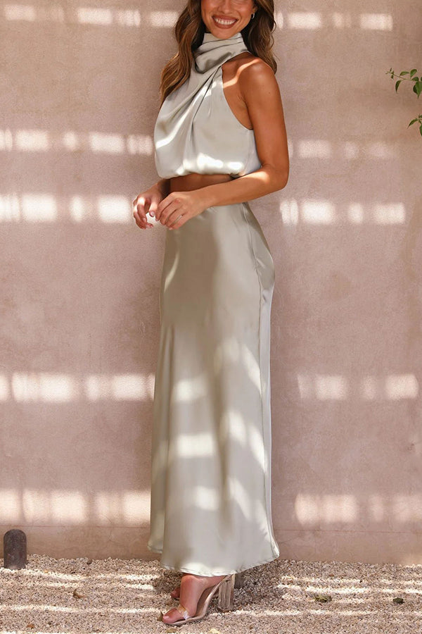 Rok en top set | Hoge hals | Maxi rok | Satijnen set | Dames tweedelige set-Boetiek Moda