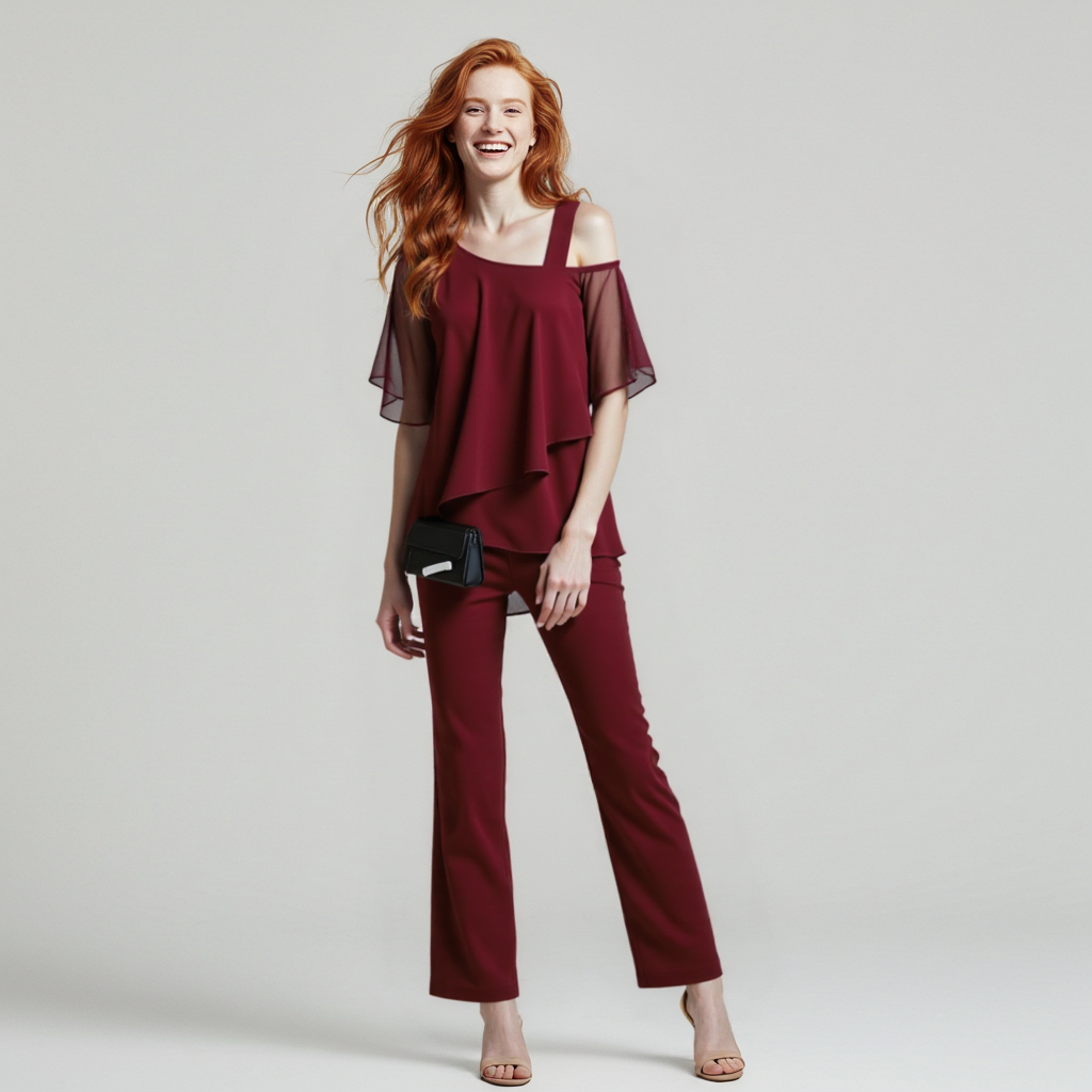 Samengestelde set - Chiffon blouse en broek met rechte pijpen voor dames-Boetiek Moda