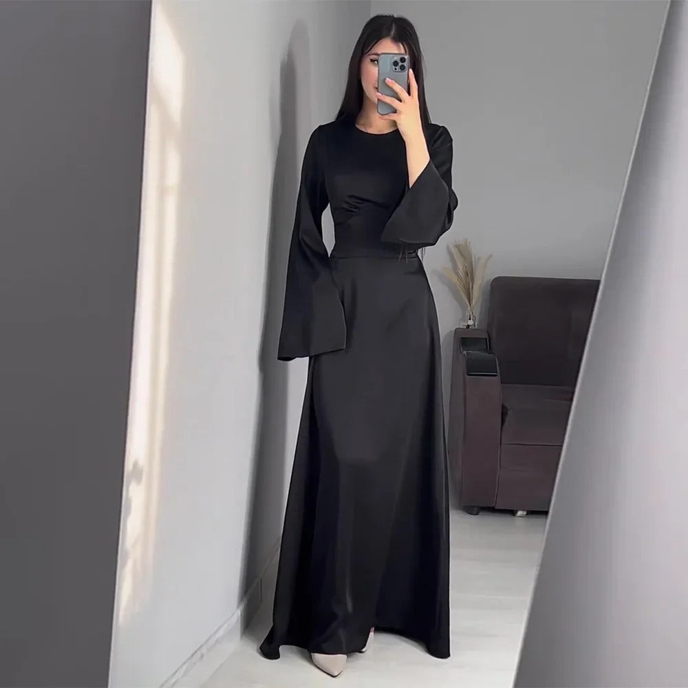 Satijnen Jurk - Elegant - Klokmouwen - Jurk met lange mouwen - Maxi satijnen jurk-Boetiek Moda